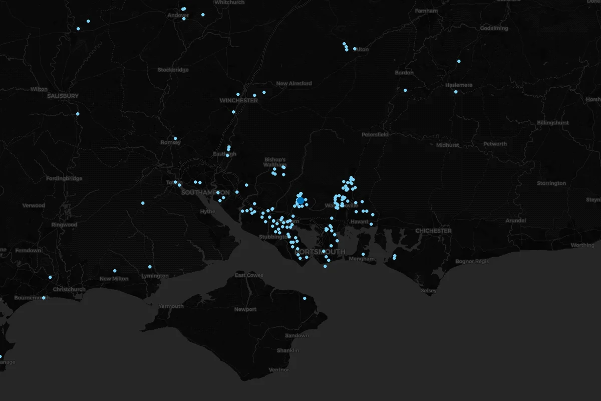 Map showing Hot Tubs Hampshire installation locations across Hampshire